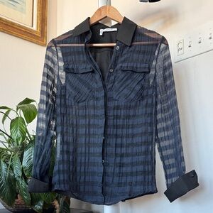 Derek Lam 10 Crosby Plaid Sheer Button-Up Blouse/Shirt Sz S Black Navy Blue